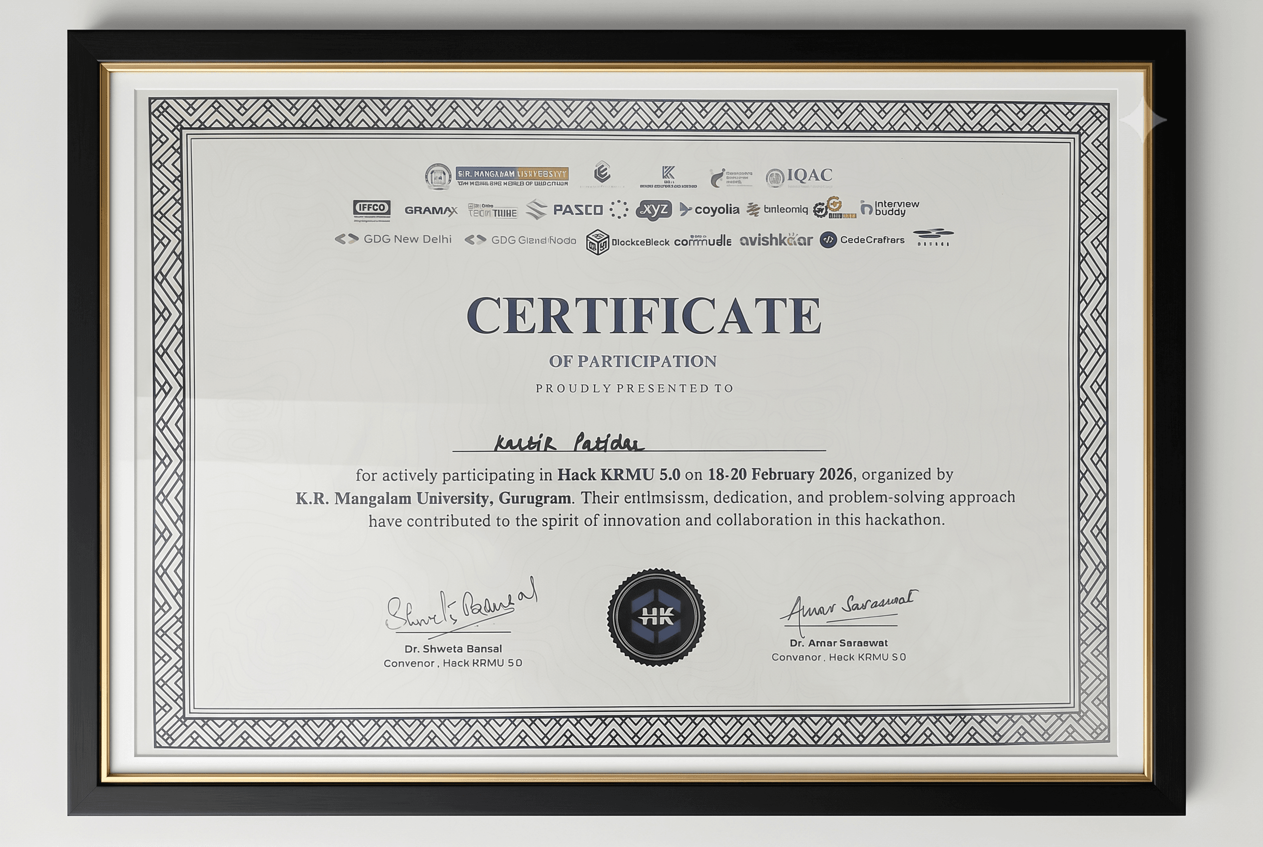 Hack KRMU 5.0 — Hackathon Certificate of Participation